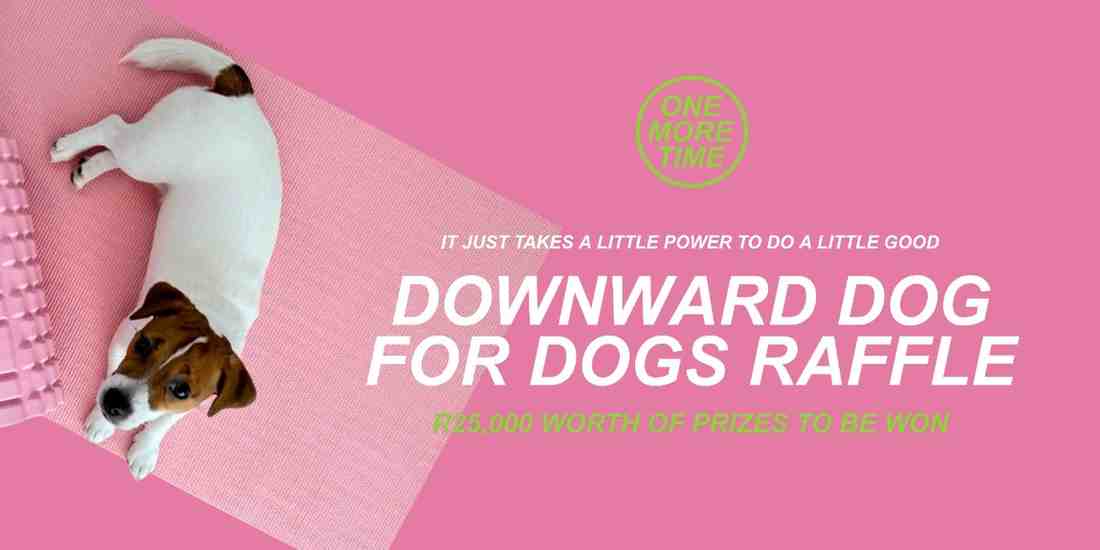 A small brown-and-white dog lying on a pink yoga mat against a pink background, next to text promoting the "Downward Dog for Dogs Raffle" with the One More Time logo and a note that R25,000 worth of prizes can be won. 
