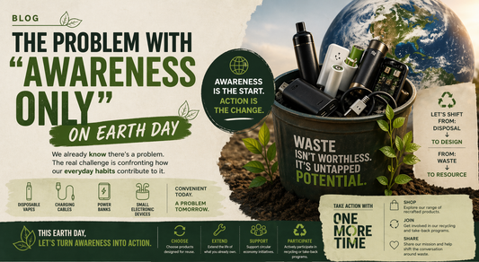 Eco-themed Earth Day blog banner showing a recycling bin filled with electronic waste (power banks, cables, vapes components) 