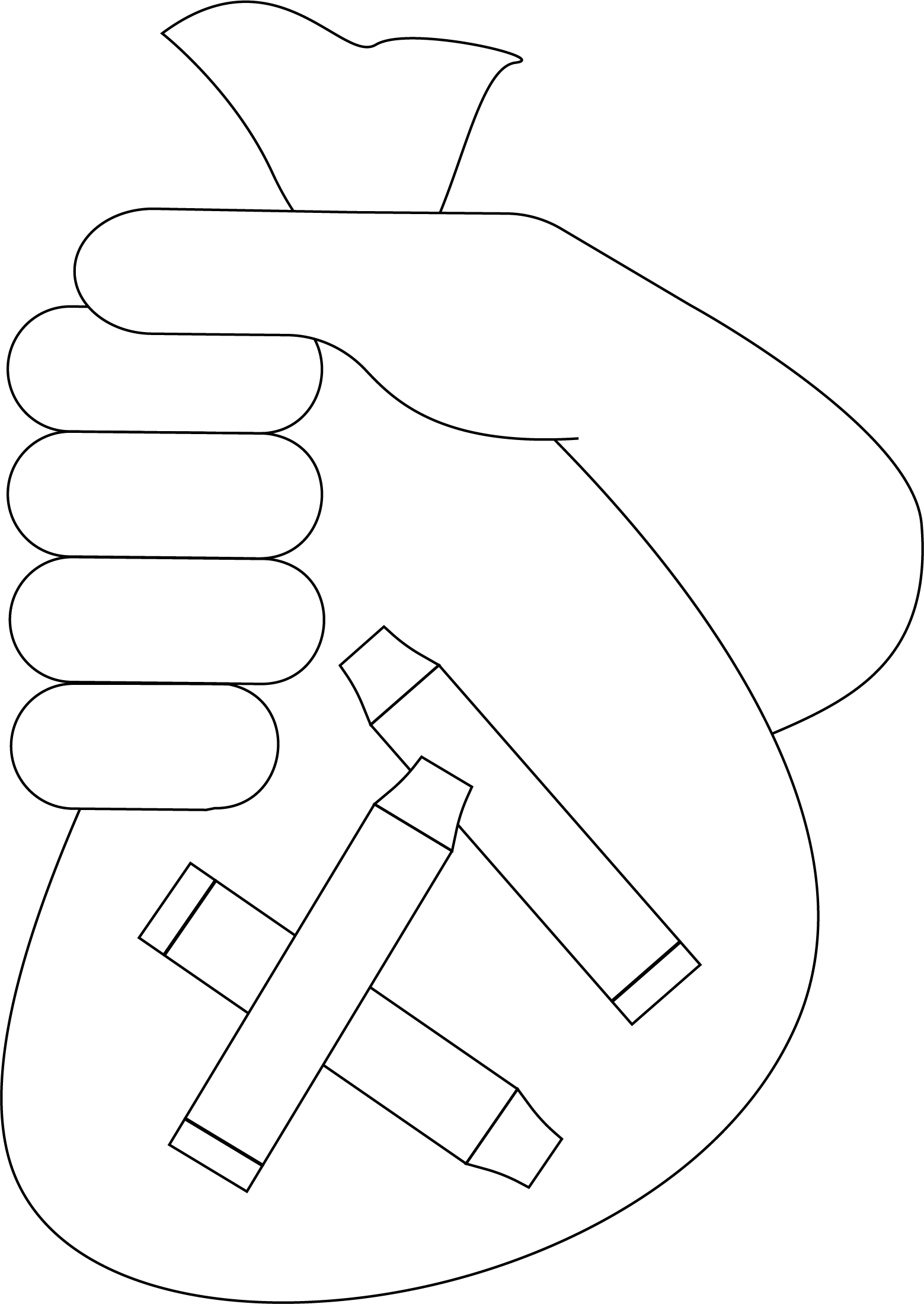 Outline of a hand holding a bag with a cross on a white background